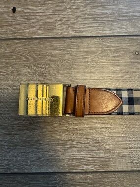 Burberry Men’s Gold Buckle with Tan Leather & Check Fabric Belt